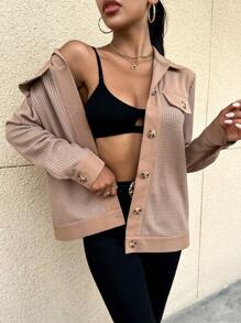 SHEIN Essnce Button Front Flap Detail Waffle Knit Coat - Khaki - View 6