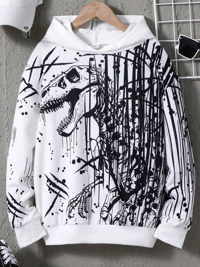 SHEIN Tween Boys' Dinosaur Graphic Hoodie, Casual & Cool