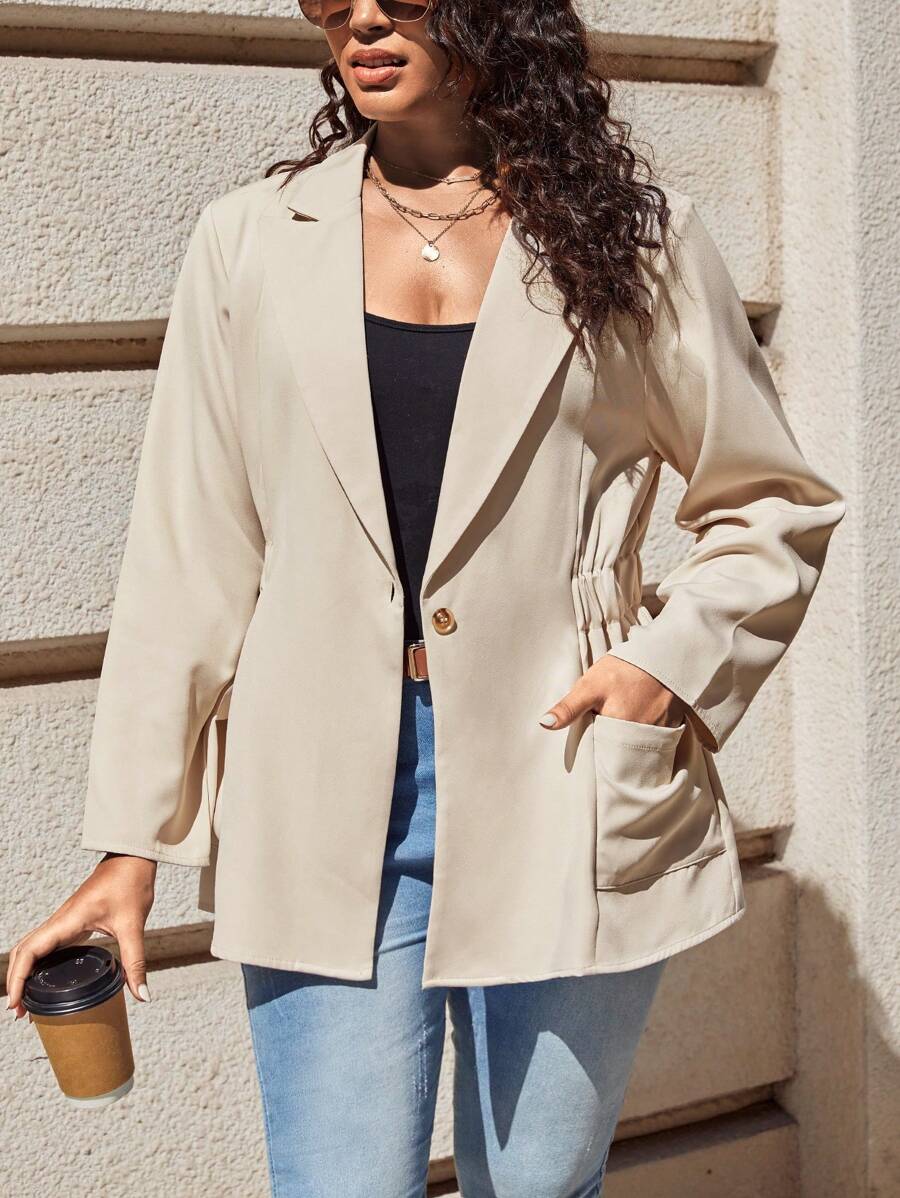 SHEIN LUNE Plus Lapel Neck Single Button Blazer - Khaki - View 1