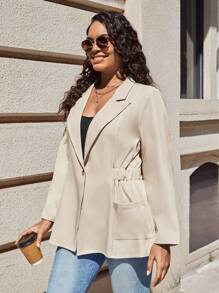 SHEIN LUNE Plus Lapel Neck Single Button Blazer - Khaki - View 5