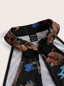 EastFlair Chinese Dragon Graphic Split Thigh Halter Dress - Multicolor - View 3