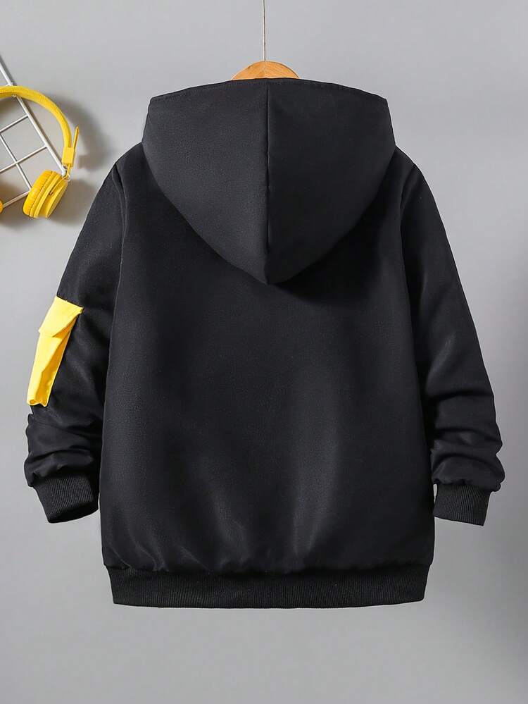 Tween Boy 1pc Colorblock Flap Pocket Zipper Hooded Padded Coat