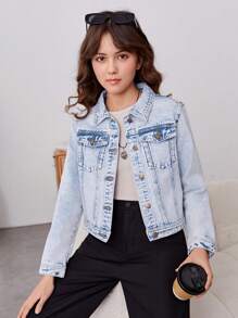 Teen Girl Letter Graphic Flap Pocket Denim Jacket