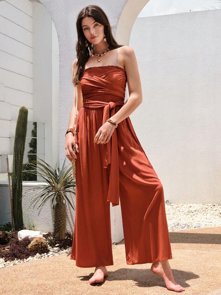 Bohemela סרבל צינור מוצק עם חגורה רחבה - אדום - ראה 1