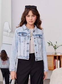 Teen Girl Letter Graphic Flap Pocket Denim Jacket