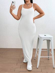 SHEIN EZwear Plus Solid Cami Dress - White - View 3