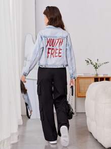 Teen Girl Letter Graphic Flap Pocket Denim Jacket