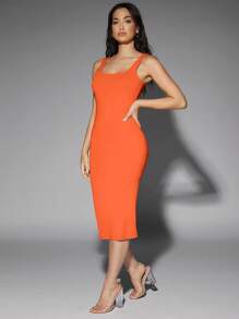 SHEIN BAE Solid Square Neck Tank Dress - Orange - View 3
