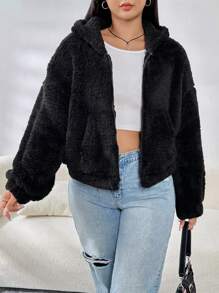 SHEIN EZwear Plus Zip Up Drop Shoulder Hooded Teddy Jacket, For Winter Fall Autumn - Black - View 5