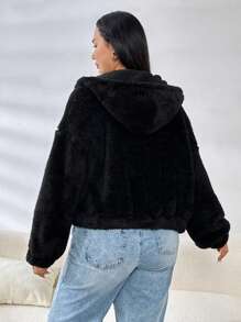 SHEIN EZwear Plus Zip Up Drop Shoulder Hooded Teddy Jacket, For Winter Fall Autumn - Black - View 2