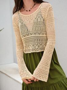 SHEIN VCAY 素色鏤空針織套頭毛衣不附帶吊帶洋裝 - 米色 - 查看 2