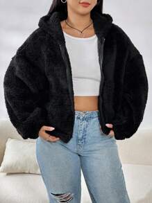 SHEIN EZwear Plus Zip Up Drop Shoulder Hooded Teddy Jacket, For Winter Fall Autumn - Black - View 6