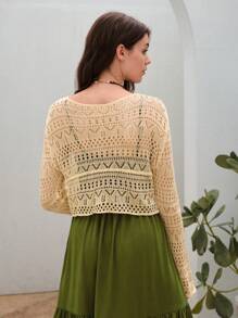 SHEIN VCAY 素色鏤空針織套頭毛衣不附帶吊帶洋裝 - 米色 - 查看 3