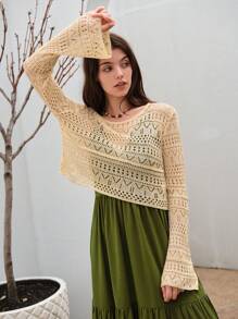 SHEIN VCAY 素色鏤空針織套頭毛衣不附帶吊帶洋裝 - 米色 - 查看 4