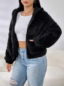 SHEIN EZwear Plus Zip Up Drop Shoulder Hooded Teddy Jacket, For Winter Fall Autumn - Black - View 4