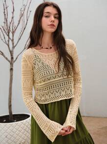 SHEIN VCAY 素色鏤空針織套頭毛衣不附帶吊帶洋裝 - 米色 - 查看 5