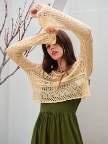 SHEIN VCAY 素色鏤空針織套頭毛衣不附帶吊帶洋裝 - 米色 - 查看 6