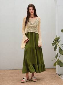 SHEIN VCAY 素色鏤空針織套頭毛衣不附帶吊帶洋裝 - 米色 - 查看 7