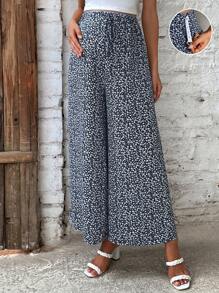 SHEIN 孕妇纯色背心和碎花印花可调节腰围阔腿裤 - 寶藍色 - 查看 3