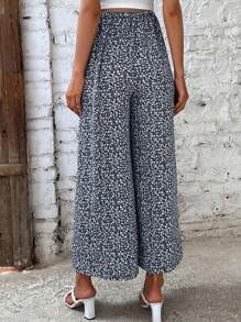 SHEIN 孕妇纯色背心和碎花印花可调节腰围阔腿裤 - 寶藍色 - 查看 2