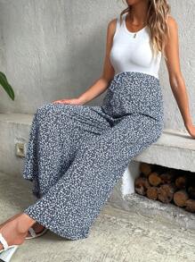 SHEIN 孕妇纯色背心和碎花印花可调节腰围阔腿裤 - 寶藍色 - 查看 1