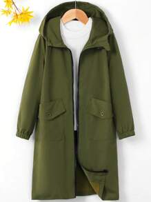 SHEIN Tween Boy 1pc Flap Pocket Hooded Coat - Army Green - View 1