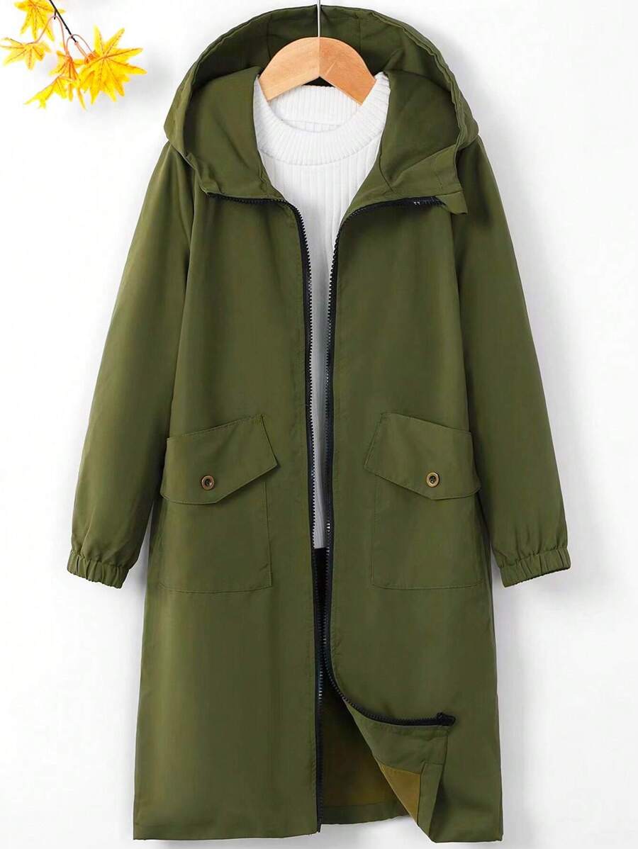 SHEIN Tween Boy 1pc Flap Pocket Hooded Coat - Army Green - View 1