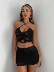 SHEIN ICON 十字交叉後背繫帶掛脖上衣&包臀半身裙 - 黑色 - 查看 5