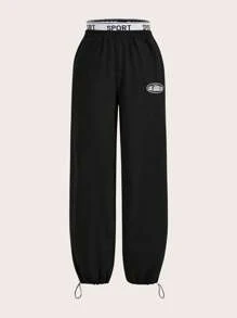 SHEIN ICON Letter Graphic Drawstring Hem Sweatpants - Black - View 1