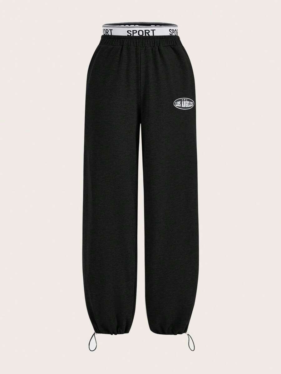 SHEIN ICON Letter Graphic Drawstring Hem Sweatpants - Black - View 1