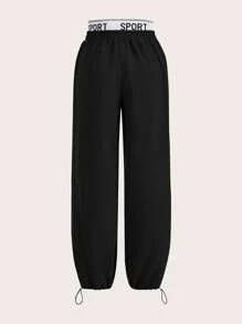 SHEIN ICON Letter Graphic Drawstring Hem Sweatpants - Black - View 2