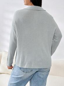 SHEIN EZwear Plus Quarter Zip Drop Shoulder Sweater - Grey - View 2