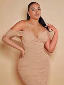 SHEIN BAE Plus Cold Shoulder Ruched Bodycon Dress - Khaki - View 6
