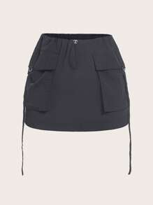 SHEIN ICON Flap Pocket Drawstring Side Cargo Skirt - Dark Grey - View 2