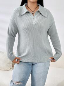 SHEIN EZwear Plus Quarter Zip Drop Shoulder Sweater - Grey - View 3