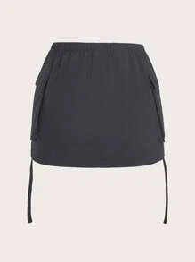 SHEIN ICON Flap Pocket Drawstring Side Cargo Skirt - Dark Grey - View 7