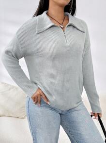 SHEIN EZwear Plus Quarter Zip Drop Shoulder Sweater - Grey - View 4