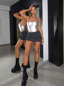 SHEIN ICON Flap Pocket Drawstring Side Cargo Skirt - Dark Grey - View 3