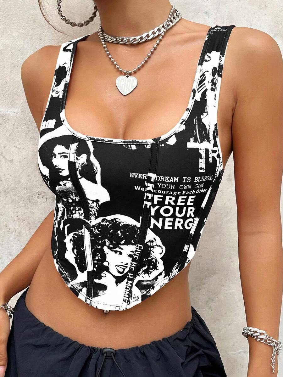 SHEIN ICON Hình & Slogan Đồ họa Bandana Hem Crop Tank Top MÃI MƠ MẶT TRỜI CỦA RIÊNG BẠN Chúng ta động viên lẫn nhau MIỄN PHÍ NĂNG LƯỢNG CỦA BẠN CHO TÔI MỘT PHIM - Đen và trắng - Xem 1