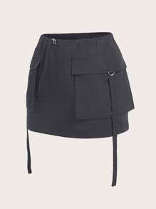SHEIN ICON Flap Pocket Drawstring Side Cargo Skirt - Dark Grey - View 6