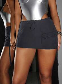 SHEIN ICON Flap Pocket Drawstring Side Cargo Skirt - Dark Grey - View 8