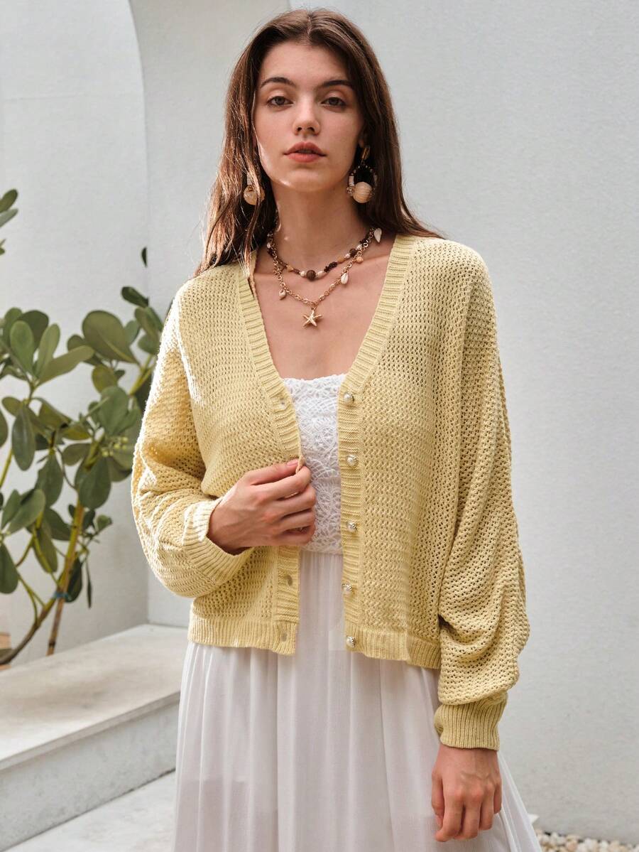 SHEIN VCAY Chất rắn Nút phía trước Thả vai Áo len Mở - Màu vàng - Xem 1