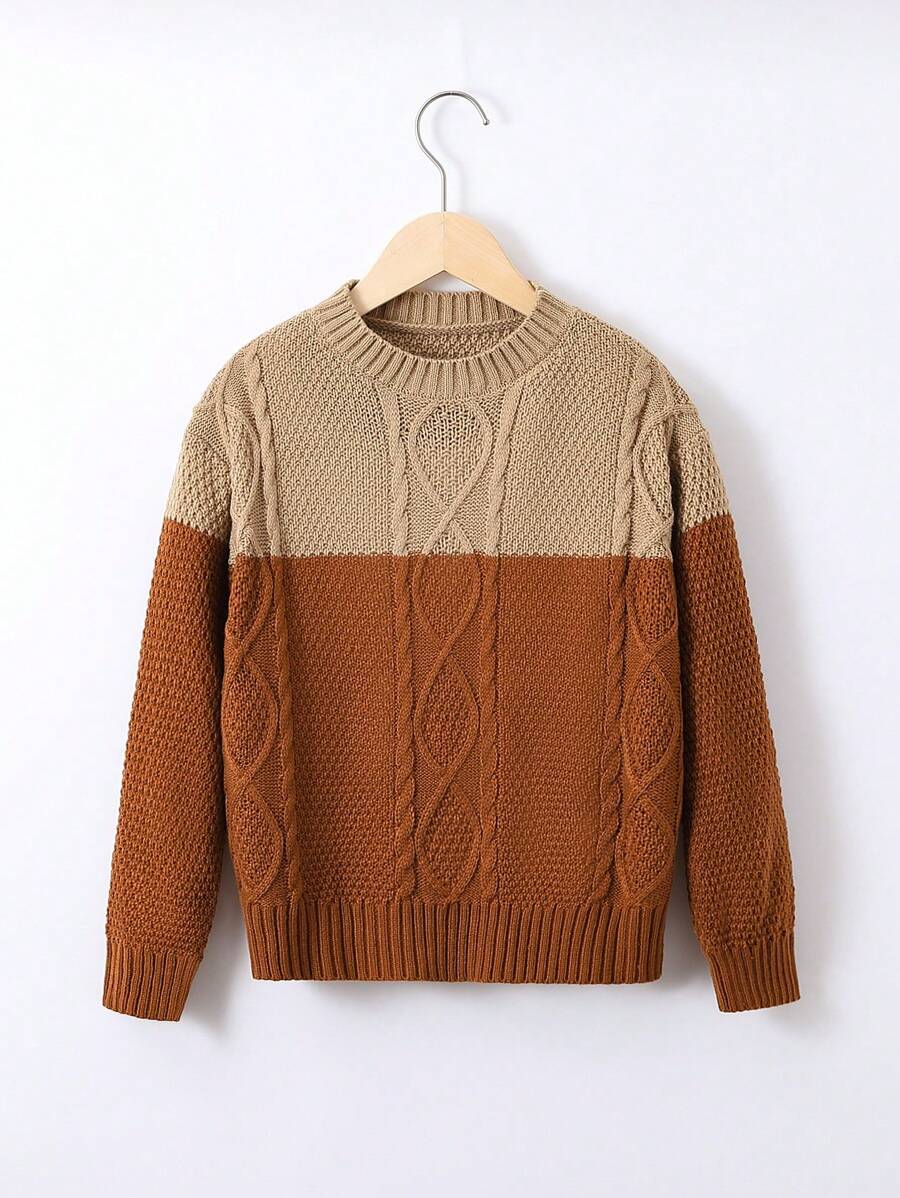 SHEIN Tween Boy Two Tone Cable Knit Sweater - Multicolor - View 1