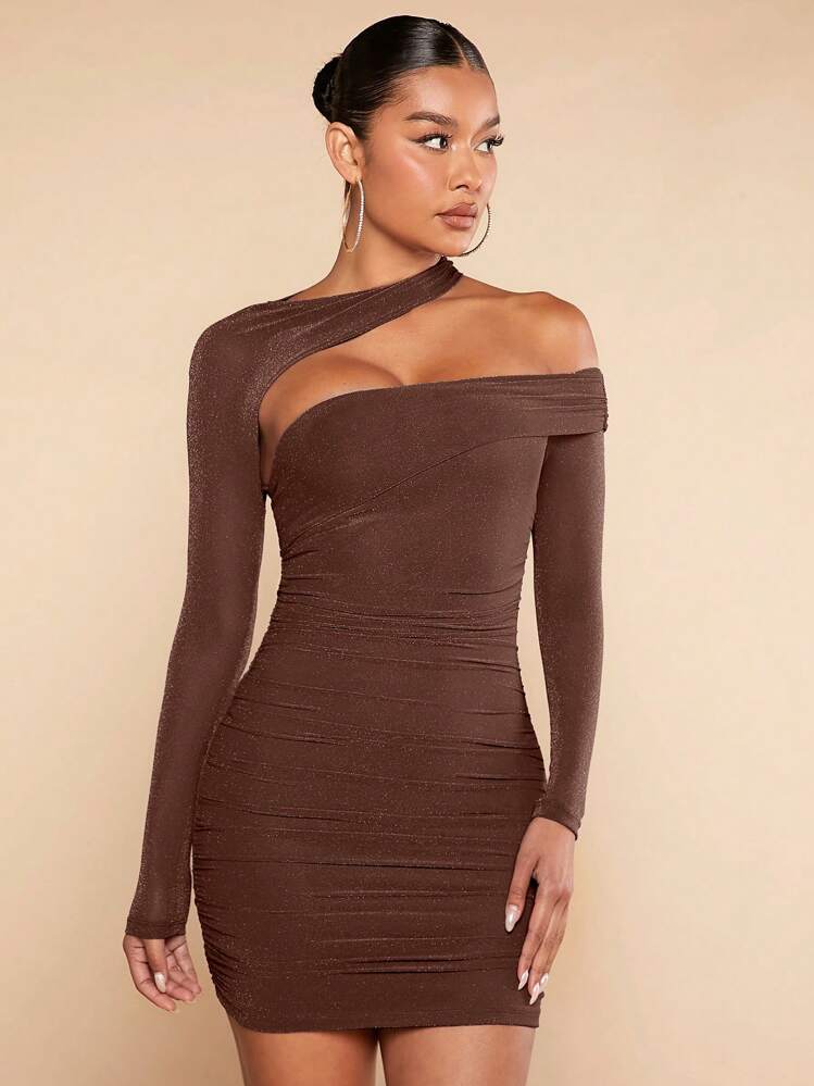 Silquee Cổ không đối xứng Xù Váy bodycon - Màu nâu Sô-cô-la - Xem 5