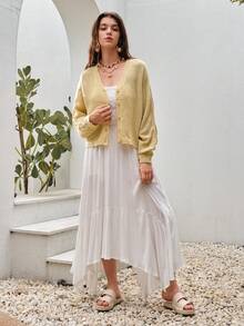 SHEIN VCAY Chất rắn Nút phía trước Thả vai Áo len Mở - Màu vàng - Xem 4