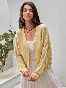 SHEIN VCAY Chất rắn Nút phía trước Thả vai Áo len Mở - Màu vàng - Xem 5