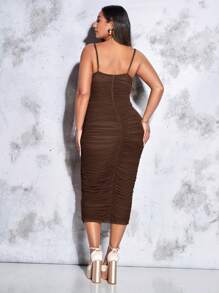 SHEIN BAE Talla grande Vestido ajustado de tirantes fruncido de malla - Marrón Chocolate - Ver 2