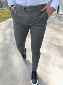 Calvornis Men Slant Pocket Suit Pants Without Belt - Grey - View 3