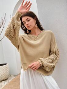 Bohemela 純色落肩挑窿針織毛衣 - 駝色 - 查看 1