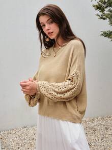 Bohemela 純色落肩挑窿針織毛衣 - 駝色 - 查看 3